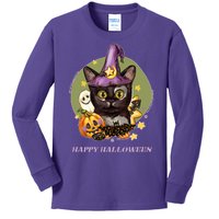 Happy Halloween Witchy Kitty Design Kids Long Sleeve Shirt