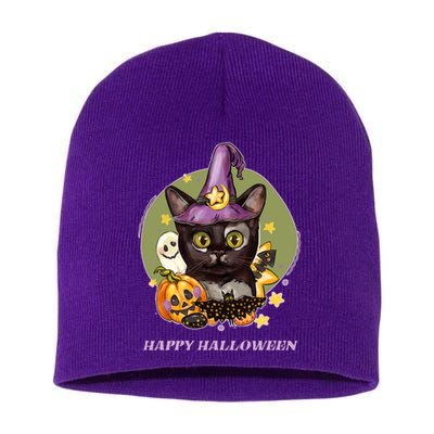 Happy Halloween Witchy Kitty Design Short Acrylic Beanie