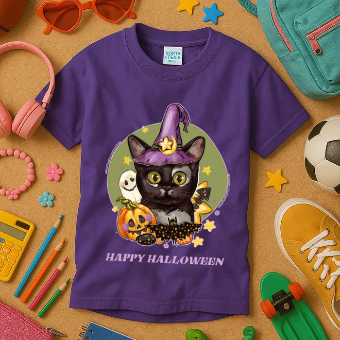 Happy Halloween Witchy Kitty Design Kids T-Shirt