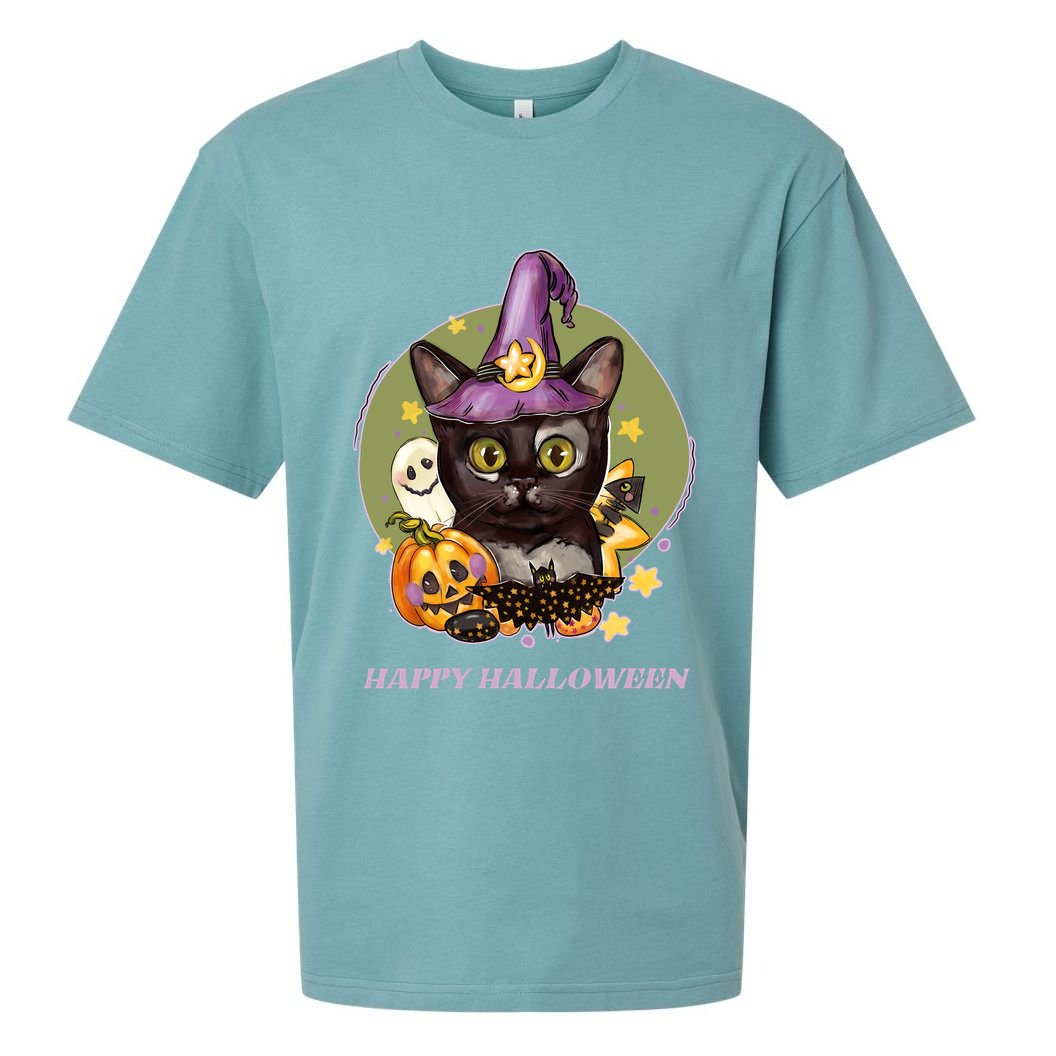 Happy Halloween Witchy Kitty Design Sueded Cloud Jersey T-Shirt