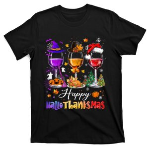 Happy Hallothanksmas Wine Glasses Halloween Merry Christmas T-Shirt