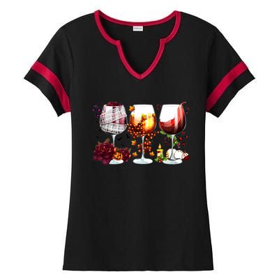 Happy Hallothanksmas Wine Glasses Witch Santa Hat Pumpkin Gift Ladies Halftime Notch Neck Tee