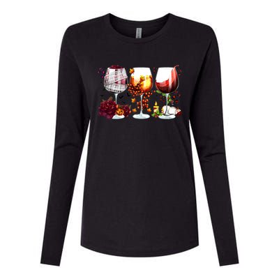 Happy Hallothanksmas Wine Glasses Witch Santa Hat Pumpkin Gift Womens Cotton Relaxed Long Sleeve T-Shirt