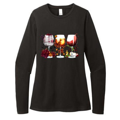 Happy Hallothanksmas Wine Glasses Witch Santa Hat Pumpkin Gift Womens CVC Long Sleeve Shirt