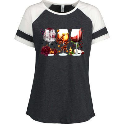 Happy Hallothanksmas Wine Glasses Witch Santa Hat Pumpkin Gift Enza Ladies Jersey Colorblock Tee