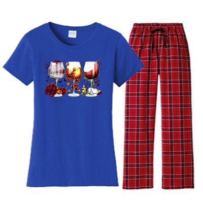 Happy Hallothanksmas Wine Glasses Witch Santa Hat Pumpkin Gift Women's Flannel Pajama Set