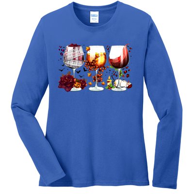 Happy Hallothanksmas Wine Glasses Witch Santa Hat Pumpkin Gift Ladies Long Sleeve Shirt