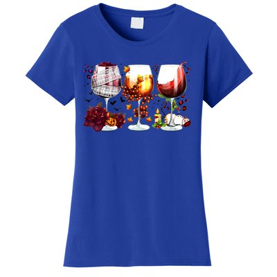 Happy Hallothanksmas Wine Glasses Witch Santa Hat Pumpkin Gift Women's T-Shirt