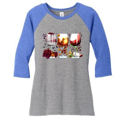 Happy Hallothanksmas Wine Glasses Witch Santa Hat Pumpkin Gift Women's Tri-Blend 3/4-Sleeve Raglan Shirt