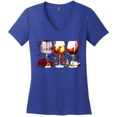 Happy Hallothanksmas Wine Glasses Witch Santa Hat Pumpkin Gift Women's V-Neck T-Shirt