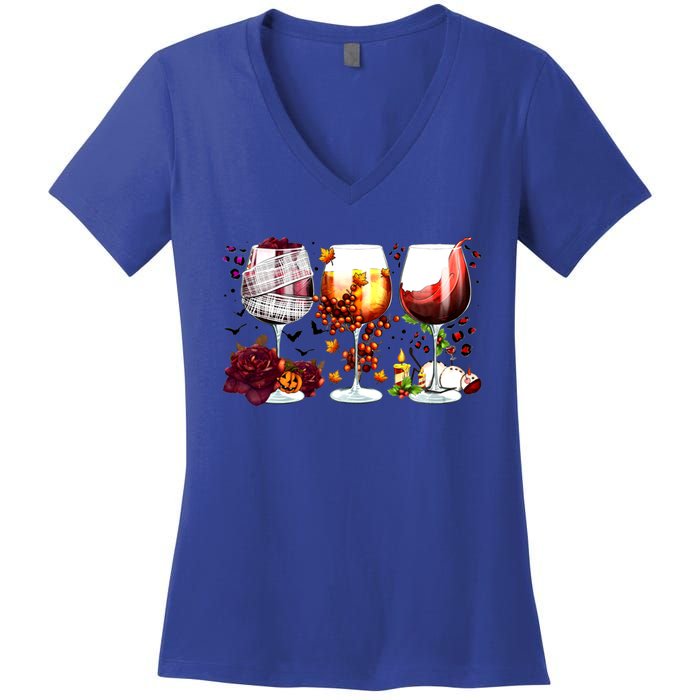 Happy Hallothanksmas Wine Glasses Witch Santa Hat Pumpkin Gift Women's V-Neck T-Shirt