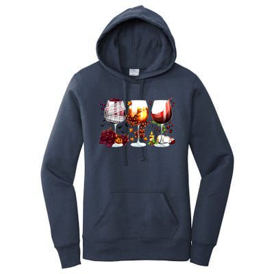 Happy Hallothanksmas Wine Glasses Witch Santa Hat Pumpkin Gift Women's Pullover Hoodie