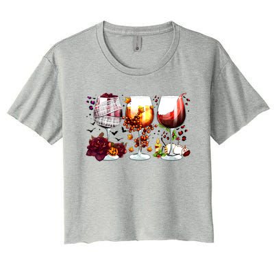 Happy Hallothanksmas Wine Glasses Witch Santa Hat Pumpkin Gift Women's Crop Top Tee