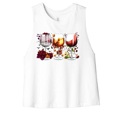 Happy Hallothanksmas Wine Glasses Witch Santa Hat Pumpkin Gift Women's Racerback Cropped Tank