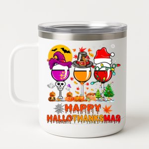 Happy Hallothanksmas Wine Glasses Witch Santa Hat Pumpkin Cute Gift 12 oz Stainless Steel Tumbler Cup