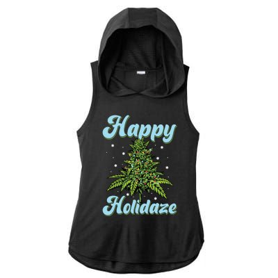 Happy Holidaze Weed Cannabis Christmas Trees Ugly Sweater Ladies PosiCharge Tri-Blend Wicking Draft Hoodie Tank