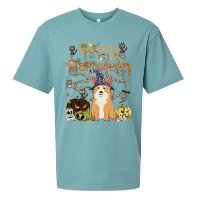 Happy Halloween Witch Corgi Cats Pumpkin Cute JackOLantern Gift Sueded Cloud Jersey T-Shirt