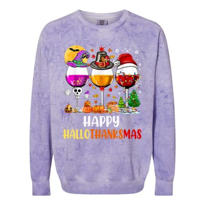 Happy Hallothanksmas Wine Glasses Wine Lover Long Sleeve Colorblast Crewneck Sweatshirt