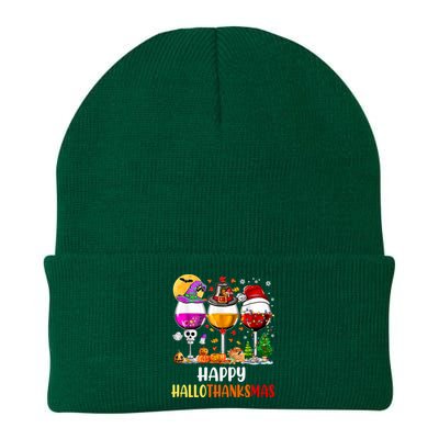 Happy Hallothanksmas Wine Glasses Wine Lover Long Sleeve Knit Cap Winter Beanie