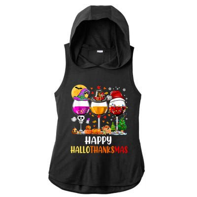 Happy Hallothanksmas Wine Glasses Wine Lover Long Sleeve Ladies PosiCharge Tri-Blend Wicking Draft Hoodie Tank