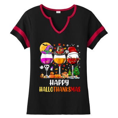 Happy Hallothanksmas Wine Glasses Wine Lover Long Sleeve Ladies Halftime Notch Neck Tee