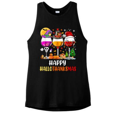 Happy Hallothanksmas Wine Glasses Wine Lover Long Sleeve Ladies PosiCharge Tri-Blend Wicking Tank