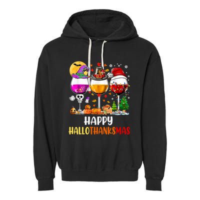 Happy Hallothanksmas Wine Glasses Wine Lover Long Sleeve Garment-Dyed Fleece Hoodie