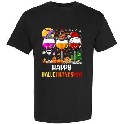 Happy Hallothanksmas Wine Glasses Wine Lover Long Sleeve Garment-Dyed Heavyweight T-Shirt