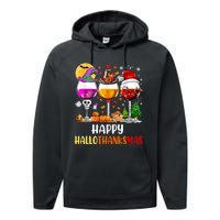 Happy Hallothanksmas Wine Glasses Wine Lover Long Sleeve Performance Fleece Hoodie