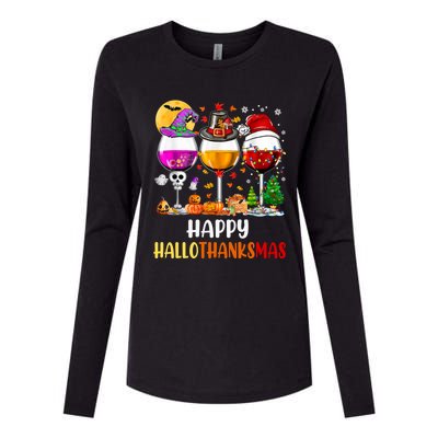 Happy Hallothanksmas Wine Glasses Wine Lover Long Sleeve Womens Cotton Relaxed Long Sleeve T-Shirt