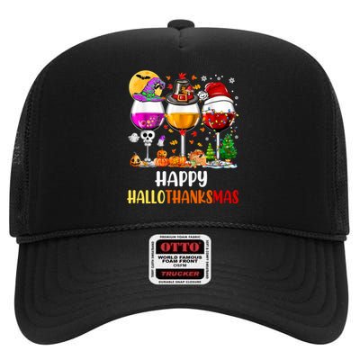 Happy Hallothanksmas Wine Glasses Wine Lover Long Sleeve High Crown Mesh Back Trucker Hat