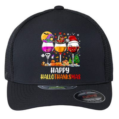 Happy Hallothanksmas Wine Glasses Wine Lover Long Sleeve Flexfit Unipanel Trucker Cap