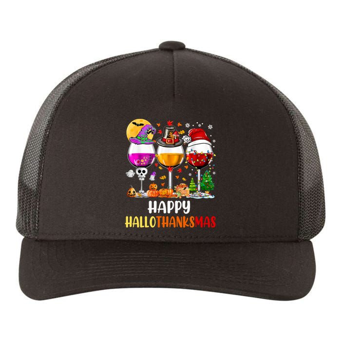 Happy Hallothanksmas Wine Glasses Wine Lover Long Sleeve Yupoong Adult 5-Panel Trucker Hat