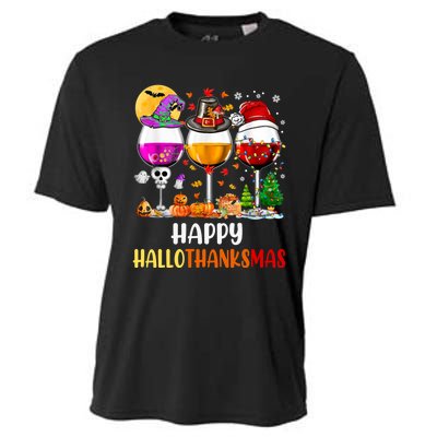 Happy Hallothanksmas Wine Glasses Wine Lover Long Sleeve Cooling Performance Crew T-Shirt