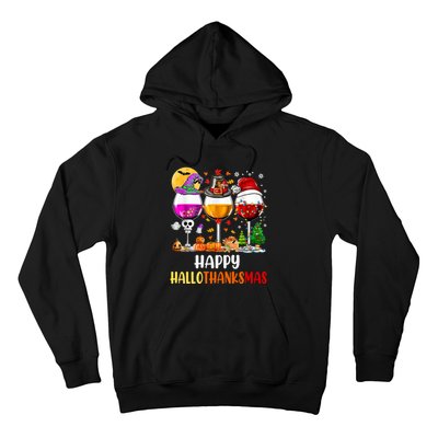 Happy Hallothanksmas Wine Glasses Wine Lover Long Sleeve Hoodie