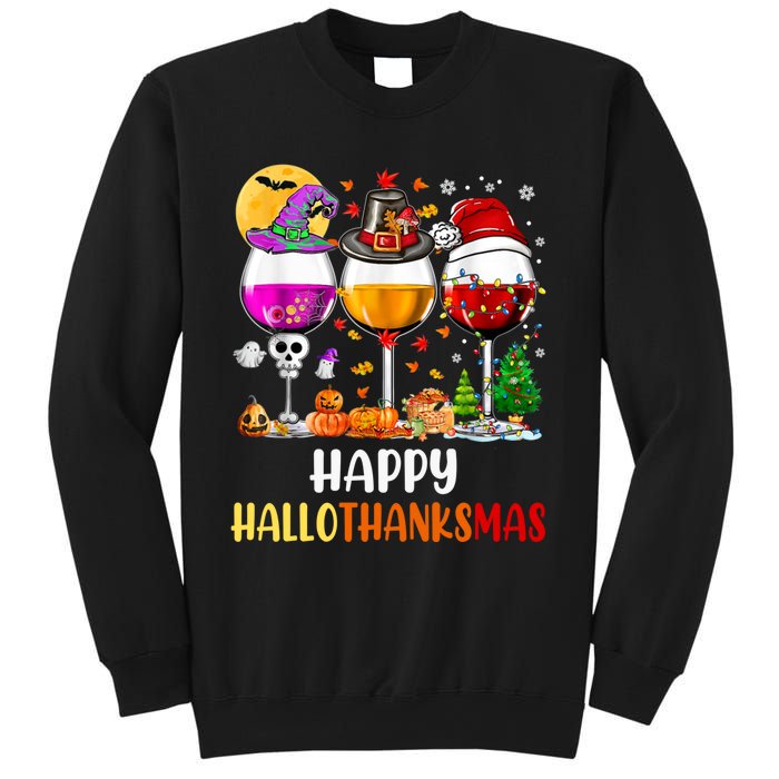 Happy Hallothanksmas Wine Glasses Wine Lover Long Sleeve Sweatshirt