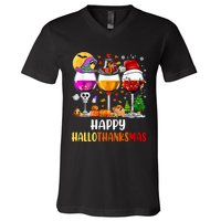 Happy Hallothanksmas Wine Glasses Wine Lover Long Sleeve V-Neck T-Shirt