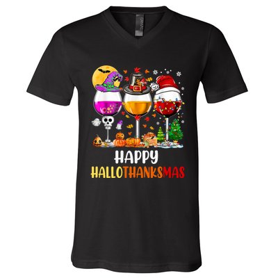 Happy Hallothanksmas Wine Glasses Wine Lover Long Sleeve V-Neck T-Shirt