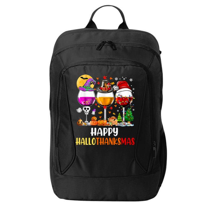 Happy Hallothanksmas Wine Glasses Wine Lover Long Sleeve City Backpack