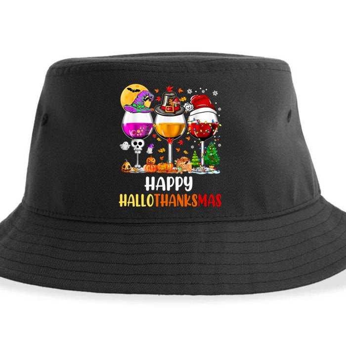 Happy Hallothanksmas Wine Glasses Wine Lover Long Sleeve Sustainable Bucket Hat