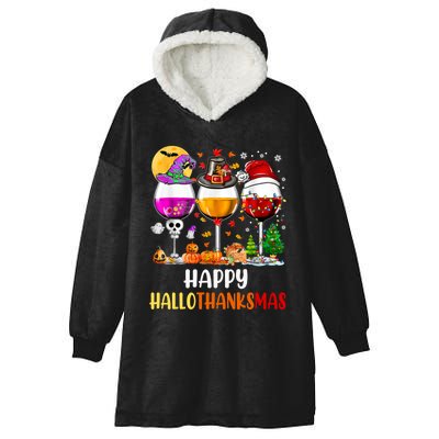 Happy Hallothanksmas Wine Glasses Wine Lover Long Sleeve Hooded Wearable Blanket