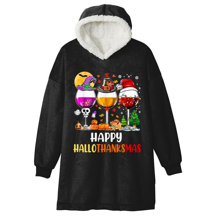 Happy Hallothanksmas Wine Glasses Wine Lover Long Sleeve Hooded Wearable Blanket