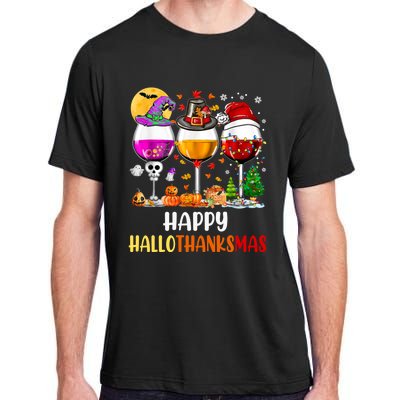 Happy Hallothanksmas Wine Glasses Wine Lover Long Sleeve Adult ChromaSoft Performance T-Shirt