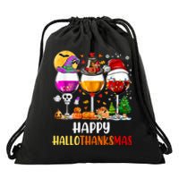 Happy Hallothanksmas Wine Glasses Wine Lover Long Sleeve Drawstring Bag