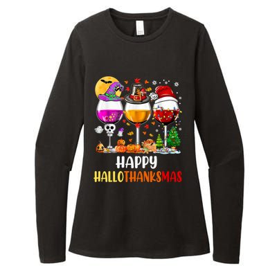 Happy Hallothanksmas Wine Glasses Wine Lover Long Sleeve Womens CVC Long Sleeve Shirt