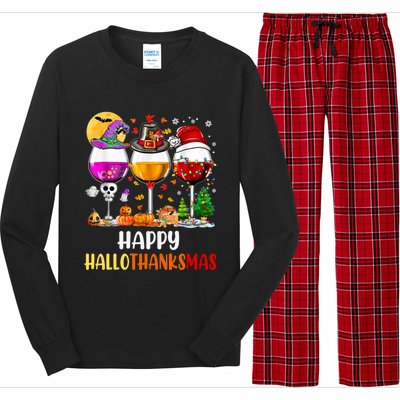 Happy Hallothanksmas Wine Glasses Wine Lover Long Sleeve Long Sleeve Pajama Set