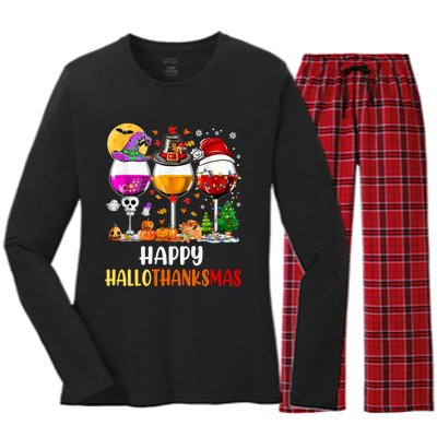 Happy Hallothanksmas Wine Glasses Wine Lover Long Sleeve Women's Long Sleeve Flannel Pajama Set 