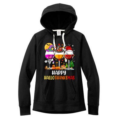 Happy Hallothanksmas Wine Glasses Wine Lover Long Sleeve Women's Fleece Hoodie