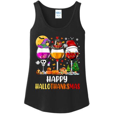 Happy Hallothanksmas Wine Glasses Wine Lover Long Sleeve Ladies Essential Tank