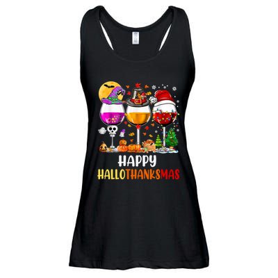 Happy Hallothanksmas Wine Glasses Wine Lover Long Sleeve Ladies Essential Flowy Tank